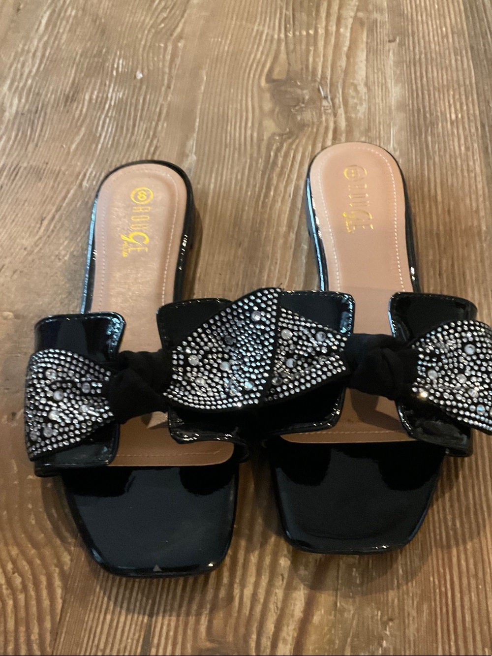 Rouge! Black Patent Slide Mules with Crystal Bow Accent